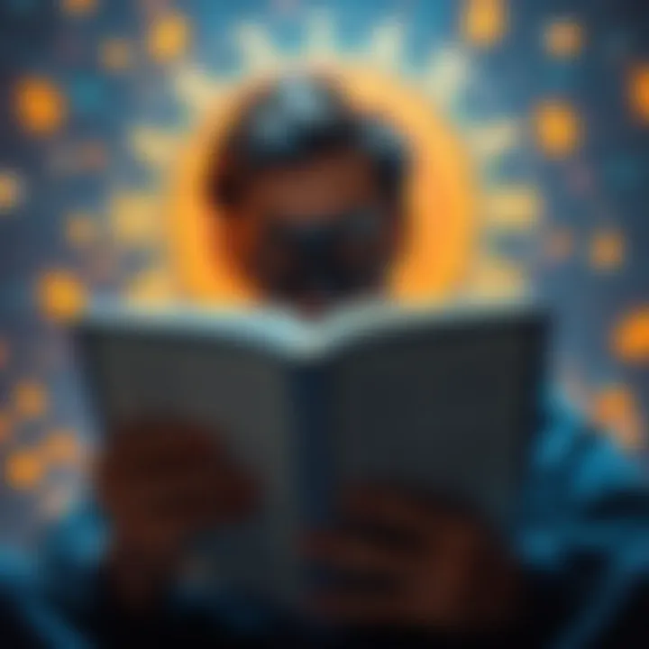 Illustration of a person reading a cryptocurrency book with digital currency symbols in the background