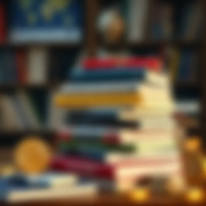 Illustration of various cryptocurrency books stacked