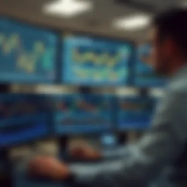 A professional analyzing cryptocurrency charts and market trends on multiple screens