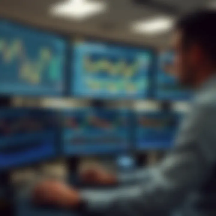 A professional analyzing cryptocurrency charts and market trends on multiple screens