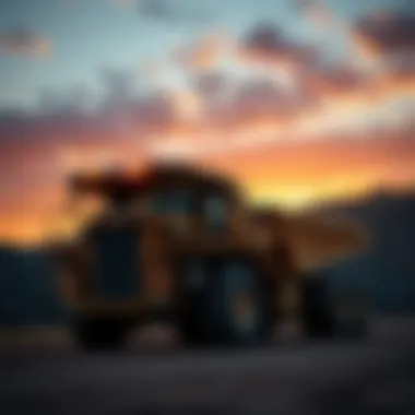 Heavy equipment used in mining operations at sunset
