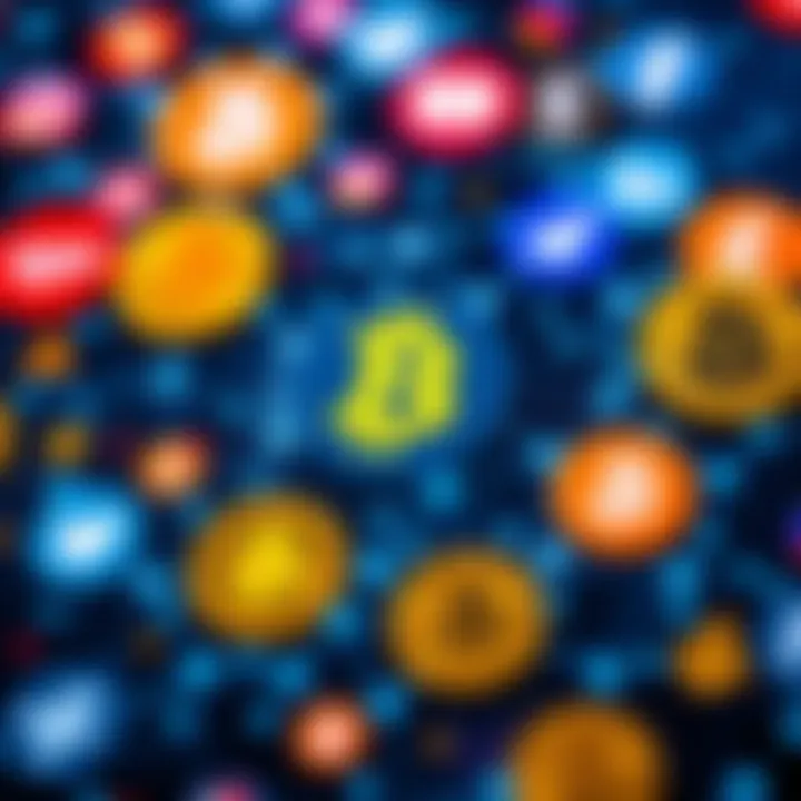 A vibrant collage of cryptocurrency symbols interconnected with social media icons