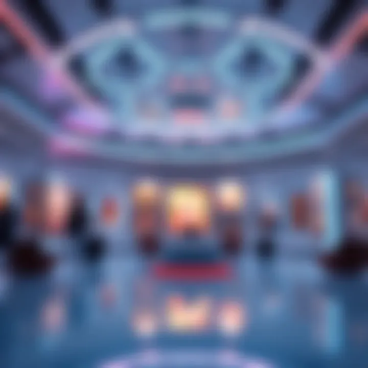 A futuristic gallery space showcasing NFT artworks