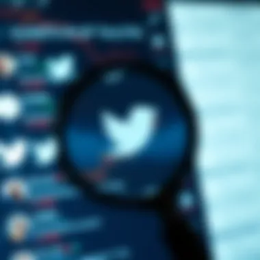 A magnifying glass over a Twitter feed showcasing financial discussions