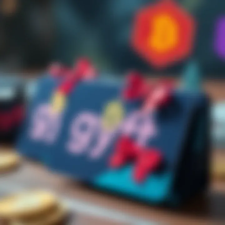 A digital representation of Gyft gift cards with cryptocurrency symbols