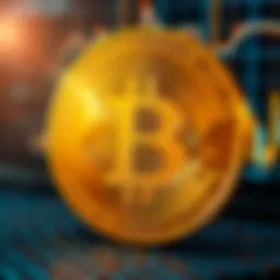 Graphical representation of Bitcoin symbol against a digital backdrop