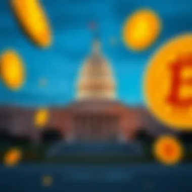 A visual representation of federal buildings with cryptocurrency symbols